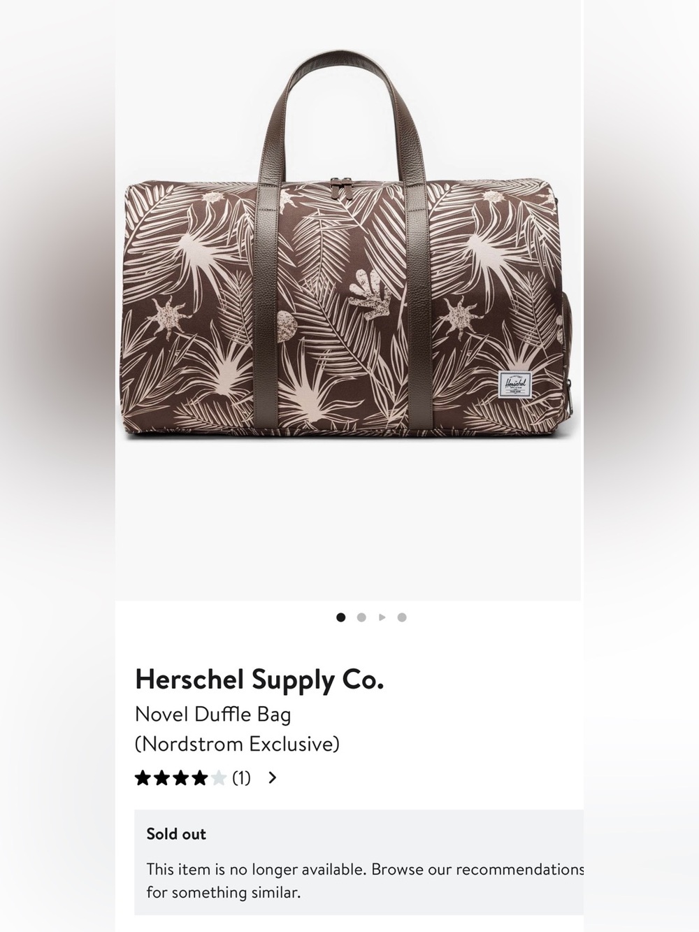 NWT Herschel Novel Duffle Bag, exclusive Tropical Foliage print, dk brown/cream